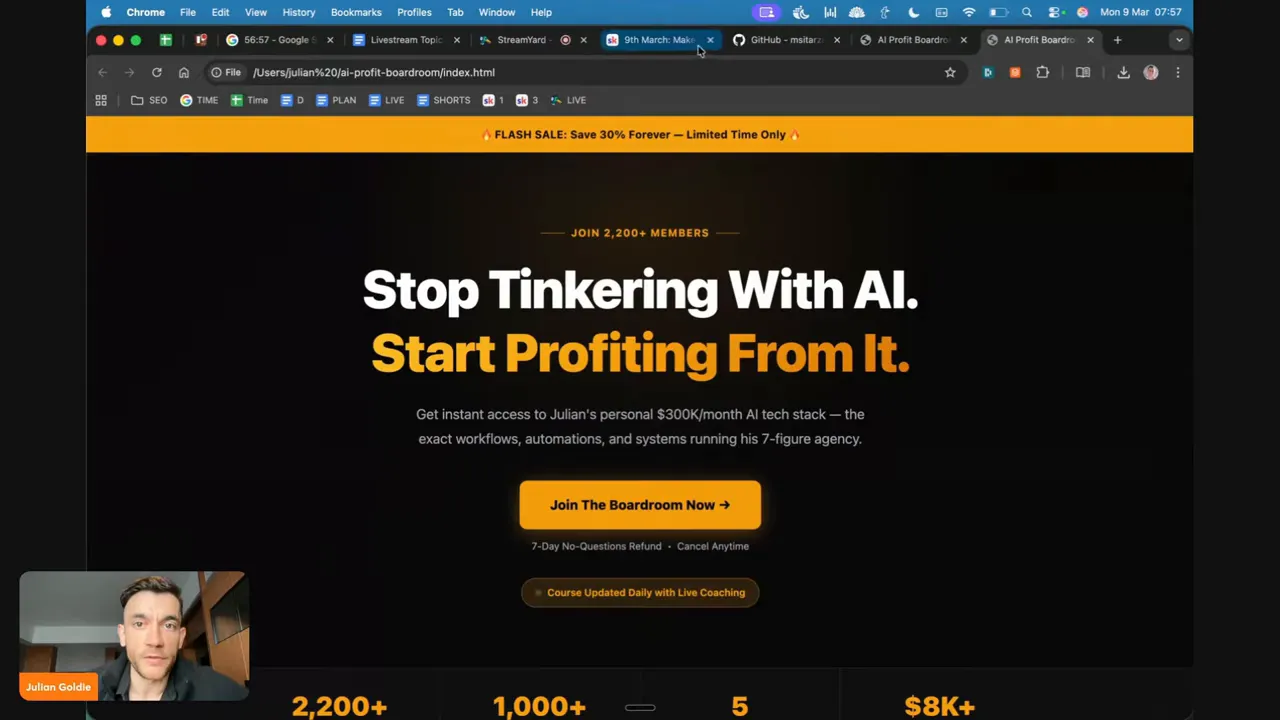 หน้าแลนดิ้งเพจส่วนฮีโร่ 'Stop Tinkering With AI. Start Profiting From It.' พร้อมปุ่ม CTA 'Join The Boardroom Now' และแถบโปรโมชั่นสีส้มด้านบน