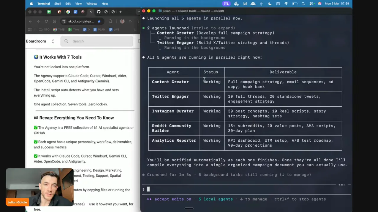 Clear screenshot of GitHub README on the left listing supported platforms and a terminal on the right showing an agents table and running statuses; small presenter inset