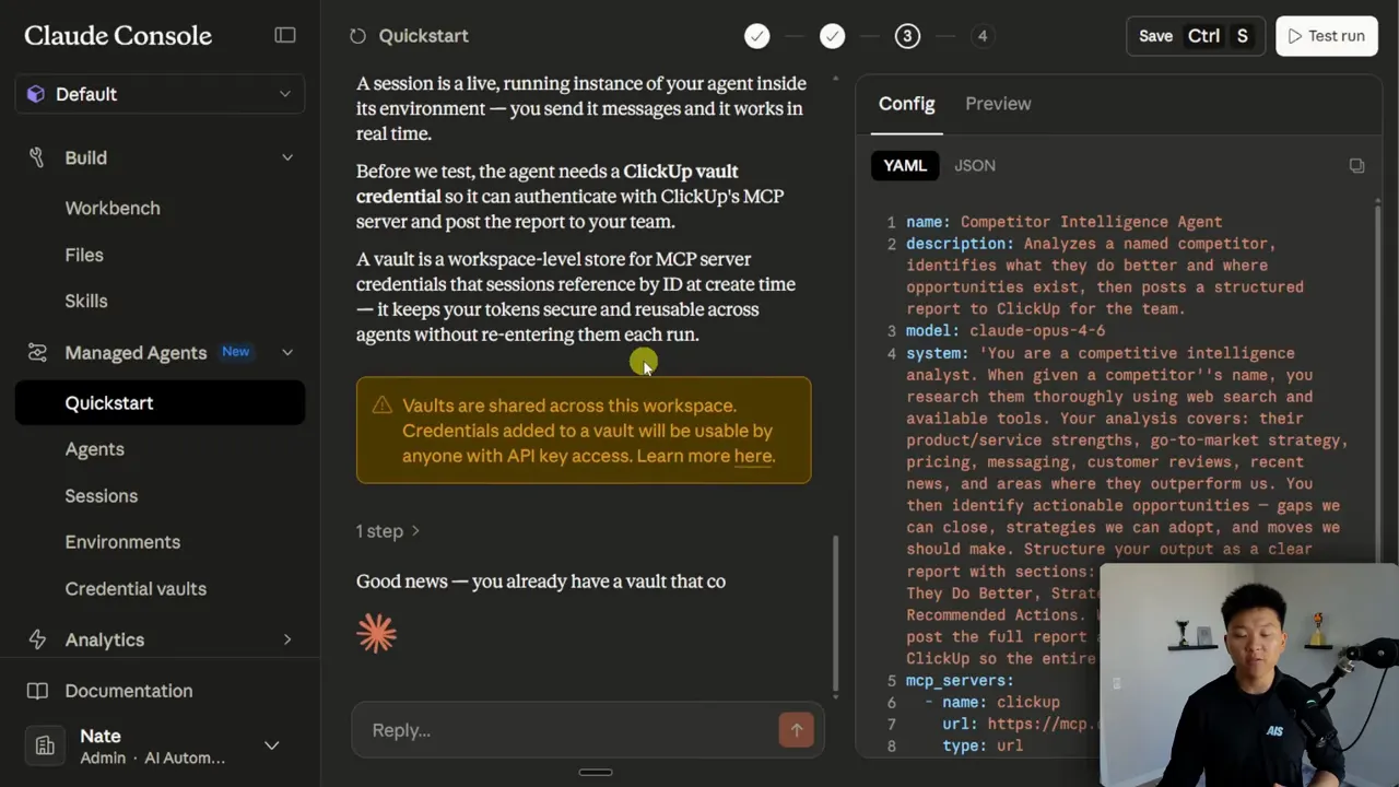Claude Console แสดงการตั้งค่า Managed Agents สำหรับ Competitor Intelligence ด้วย YAML และการอ้างอิง MCP vault เพื่อเชื่อม ClickUp
