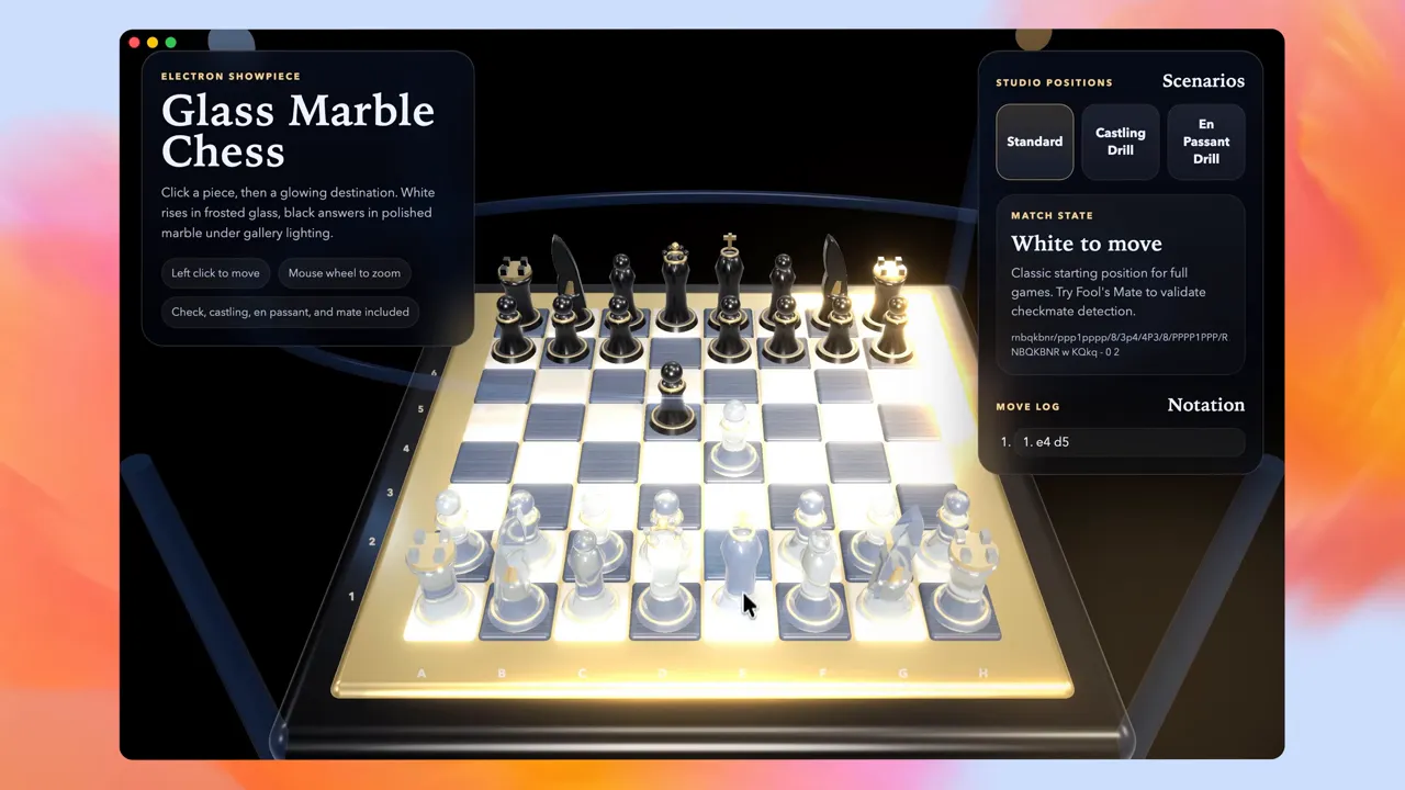 อินเทอร์เฟซเกม Glass Marble Chess แสดงบอร์ดพร้อมข้อความสถานะ 'White to move' และบันทึกการเดิน