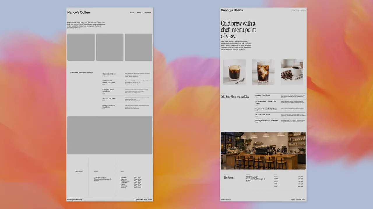 Side-by-side comparison of a coffee website wireframe and the generated final layout with photos