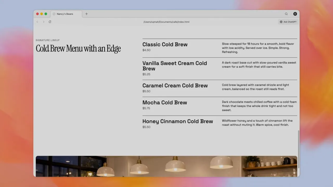 Coffee shop menu page layout showing list of cold brew items, prices and descriptive columns