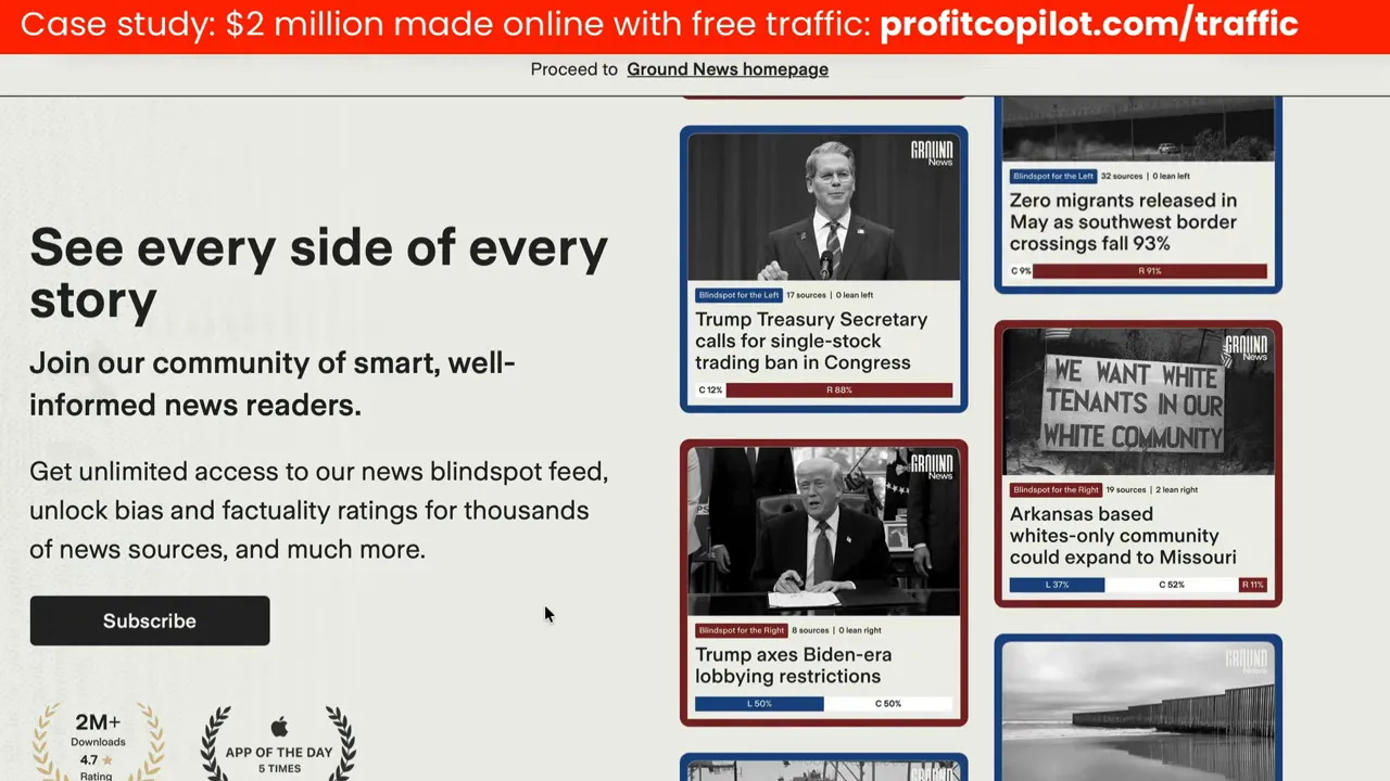 หน้าหลัก Ground News แสดงหัวข้อ 'See every side of every story' และการ์ดข่าวด้านข้างอย่างชัดเจน