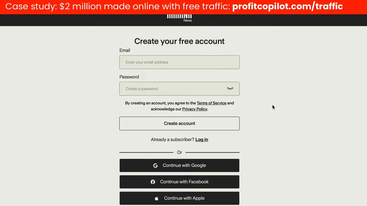 ฟอร์ม 'Create your free account' บนหน้า Ground News ซึ่งมีช่องใส่อีเมล รหัสผ่าน และปุ่ม Create account