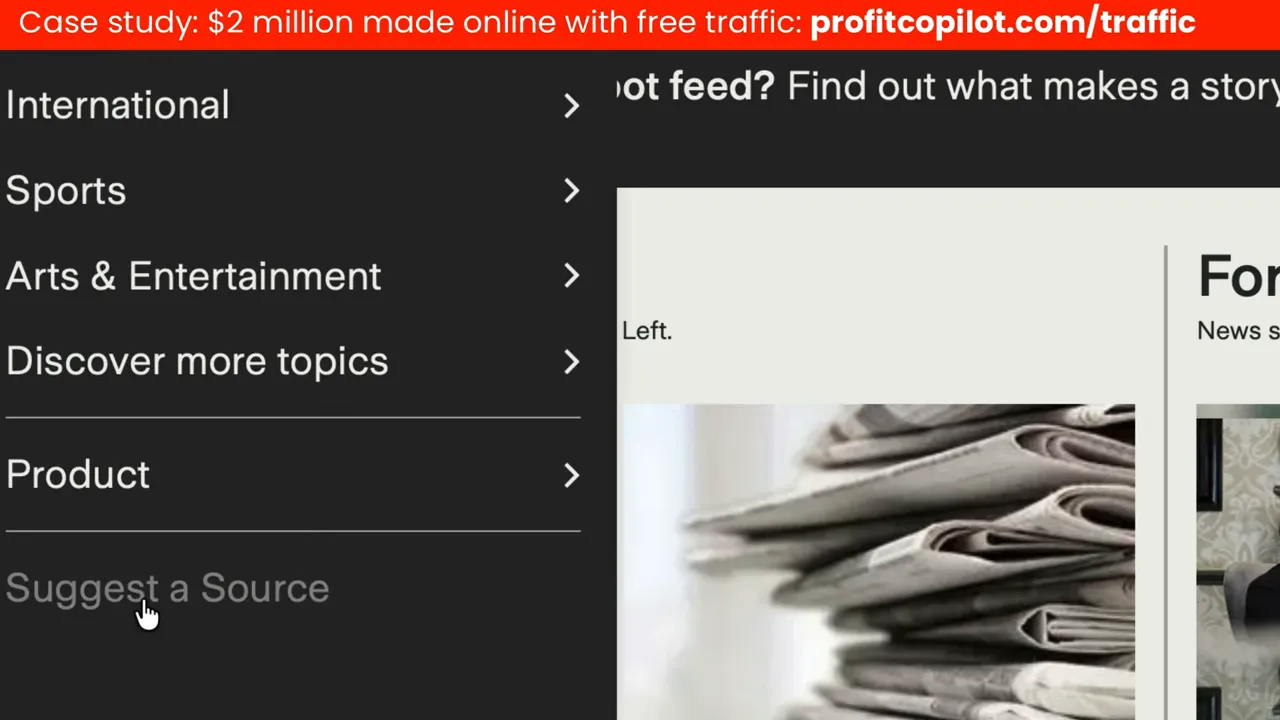 Ground News left menu with 'Suggest a Source' option highlighted and cursor pointing