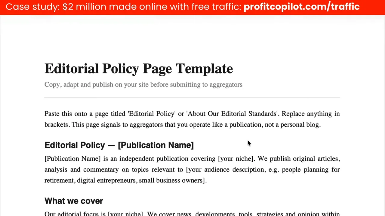 Screenshot of 'Editorial Policy Page Template' showing guidance to publish an editorial policy