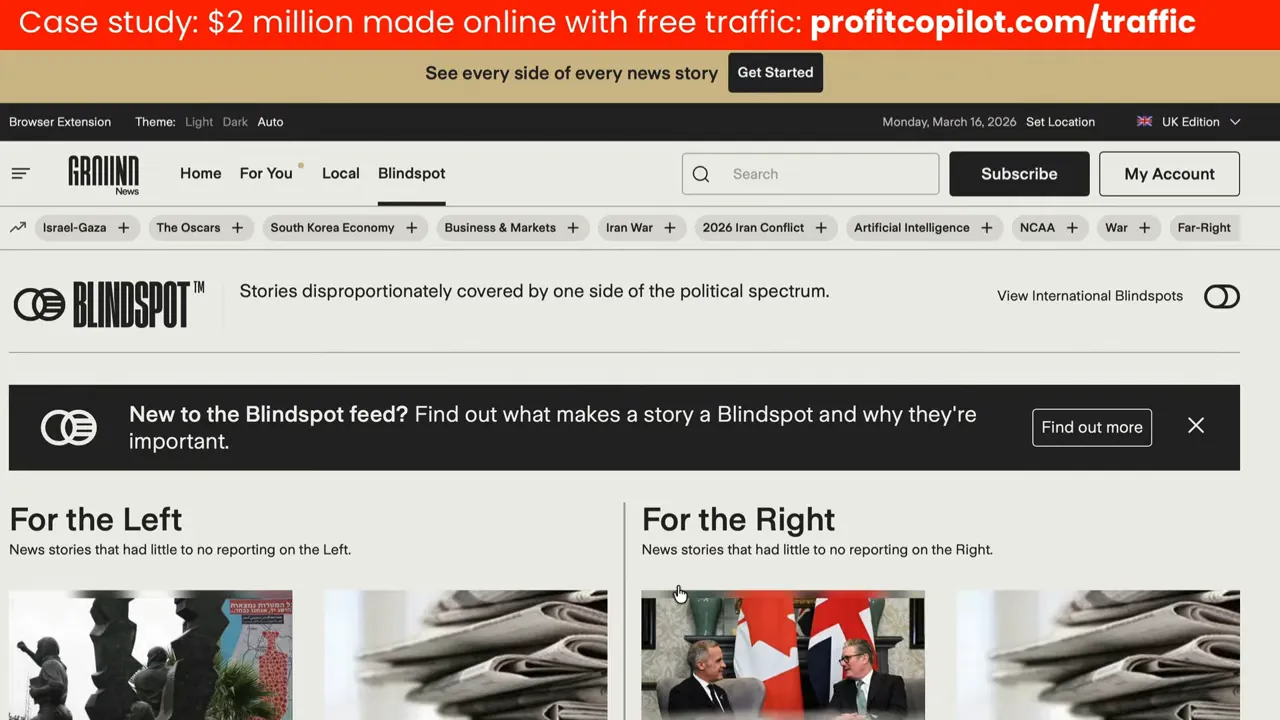 หน้าฟีด Blindspot บน Ground News แสดงหัวข้อ 'For the Left' และ 'For the Right' พร้อมแถบแท็กด้านบน
