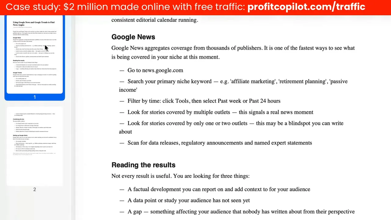 สกรีนช็อตแสดงหัวข้อ 'Google News' พร้อมบูลเล็ตพอยต์คำแนะนำและส่วน 'Reading the results' ที่อ่านได้ชัดเจน