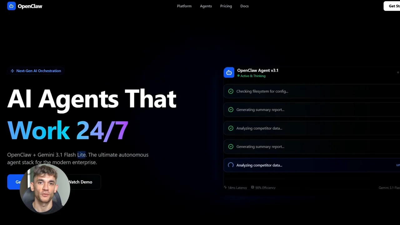 หน้าจอ OpenClaw Agent v3.1 แสดงงานกำลังทำและสถานะการประมวลผลพร้อมข้อความ AI Agents That Work 24/7