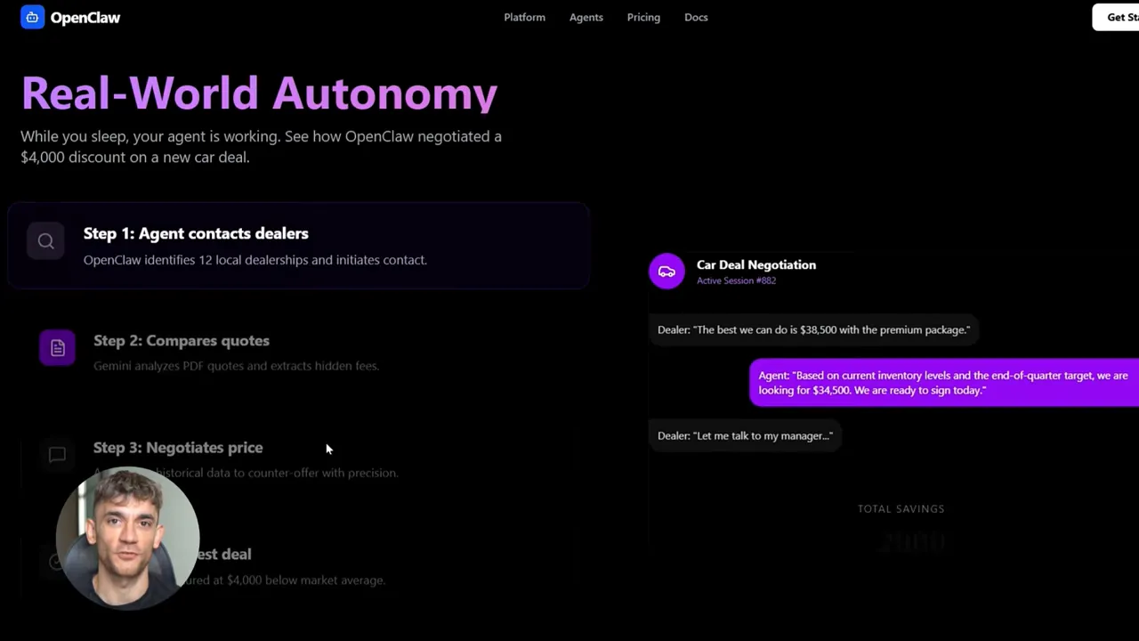 แผนภาพเวิร์กโฟลว์ OpenClaw Real-World Autonomy แสดงขั้นตอนติดต่อดีลเลอร์ เปรียบเทียบราคา และต่อรอง