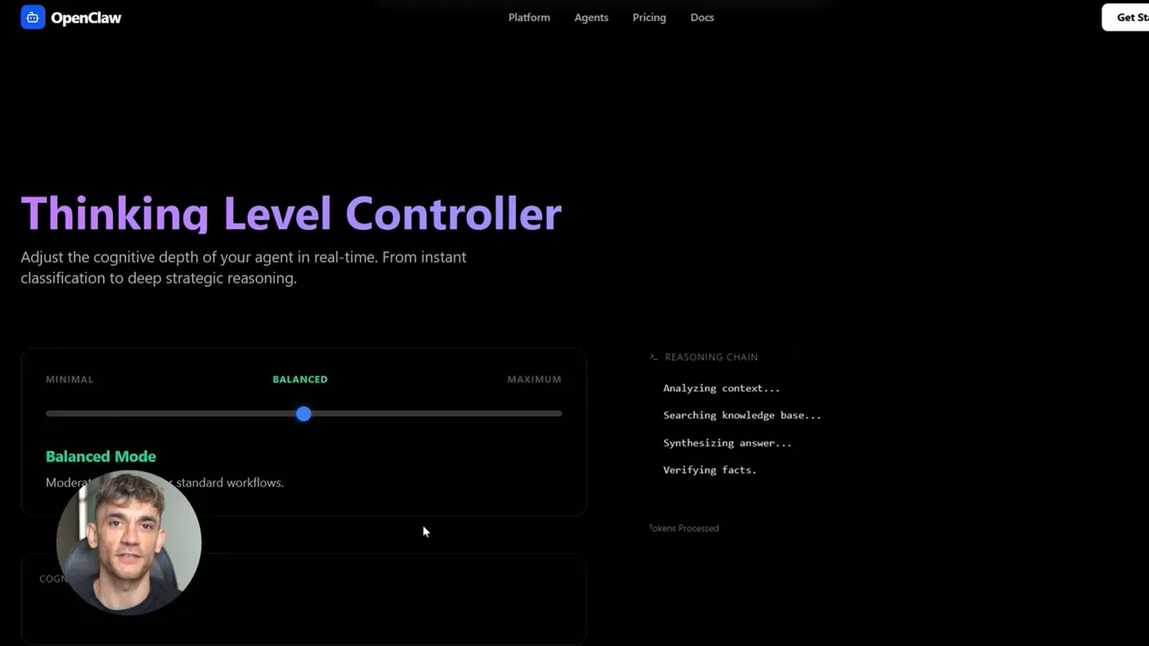 หน้าจอ OpenClaw แสดง Thinking Level Controller พร้อมตัวเลือก Minimal/Balanced และขั้นตอนเหตุผล Reasoning chain