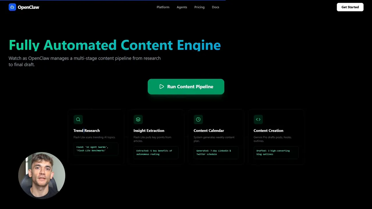 หน้า OpenClaw Fully Automated Content Engine พร้อมปุ่ม Run Content Pipeline