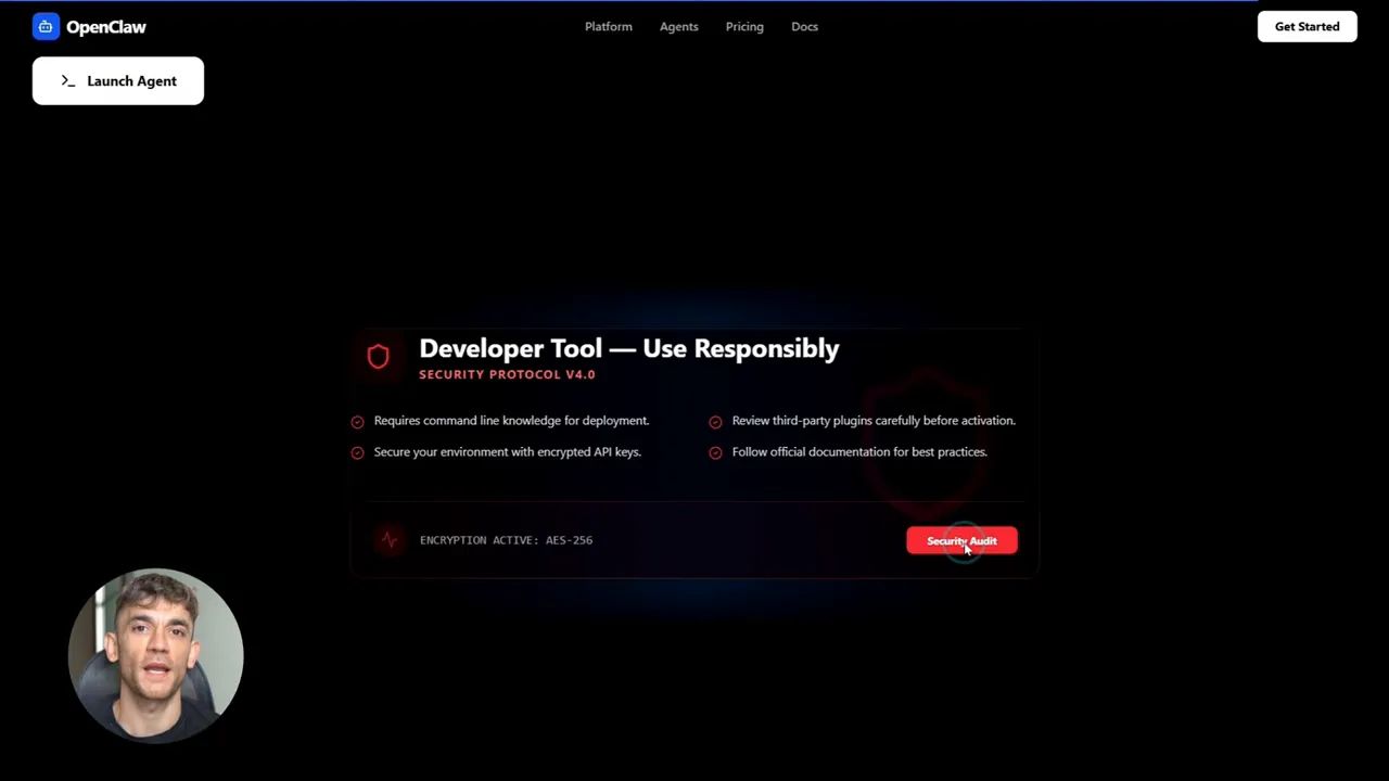 หน้าจอ OpenClaw แสดง Developer Tool — Use Responsibly และ Security Protocol v4.0 พร้อมข้อกำหนดการใช้งานอย่างปลอดภัย