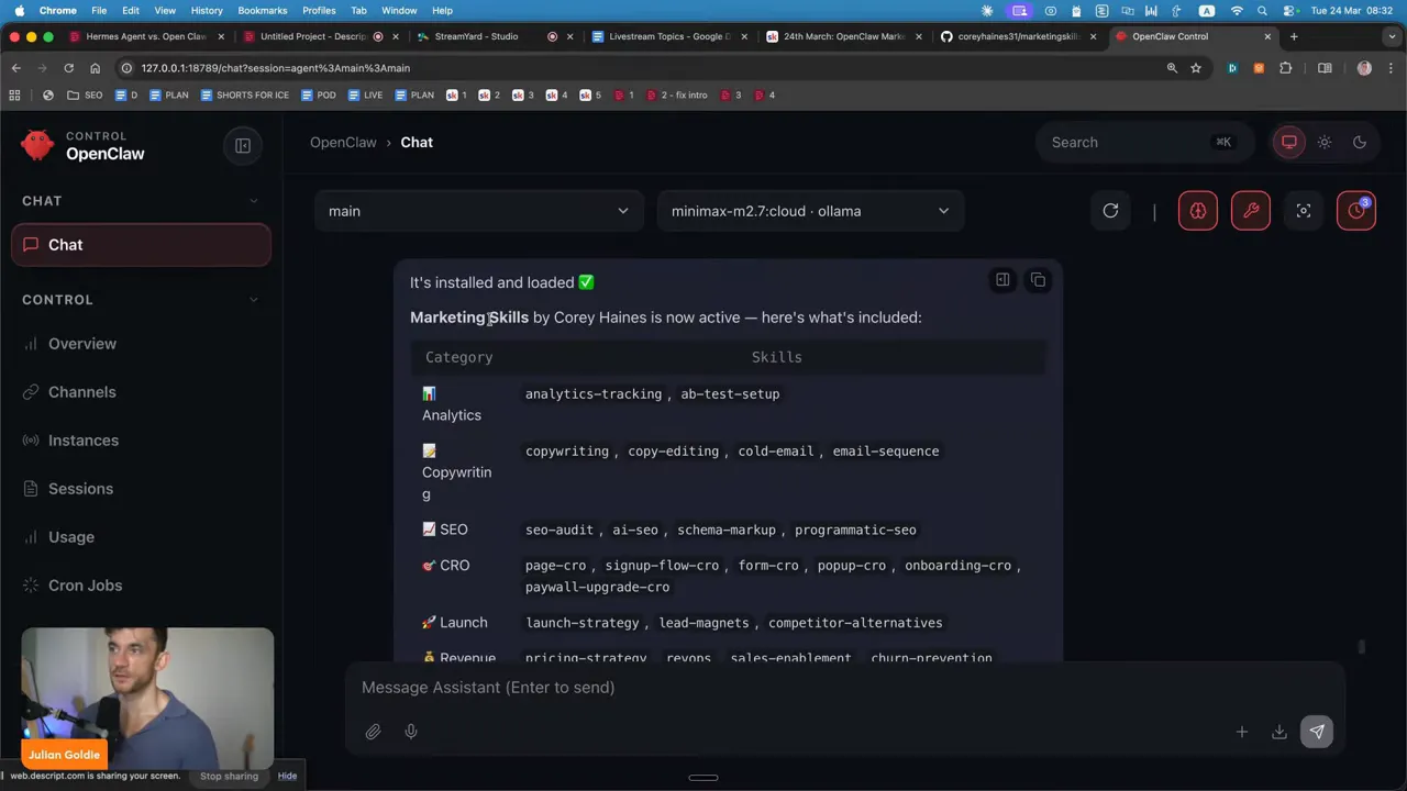 Marketing Skills ถูกติดตั้งและแสดงรายการ skill หลายหมวดใน OpenClaw