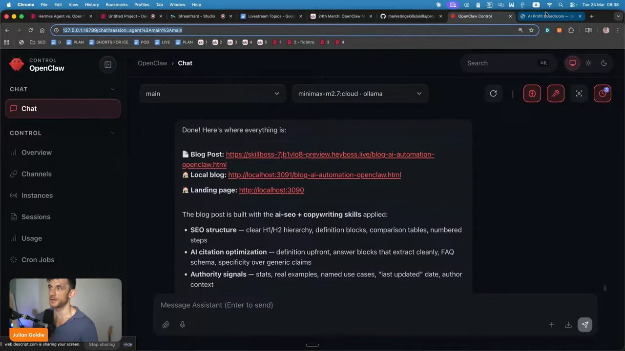 OpenClaw Chat แสดงรายการผลลัพธ์พร้อมลิงก์ Blog Post, Local blog และ Landing page