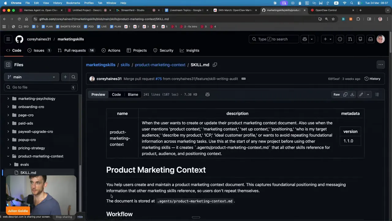 ไฟล์ Product Marketing Context ใน Marketing Skills บน GitHub อธิบายการสร้างเอกสารบริบทการตลาดสินค้า