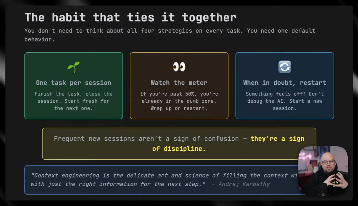 สไลด์สรุปแนวปฏิบัติ context engineering: One task per session, Watch the meter, และ restart เมื่อผิดทาง