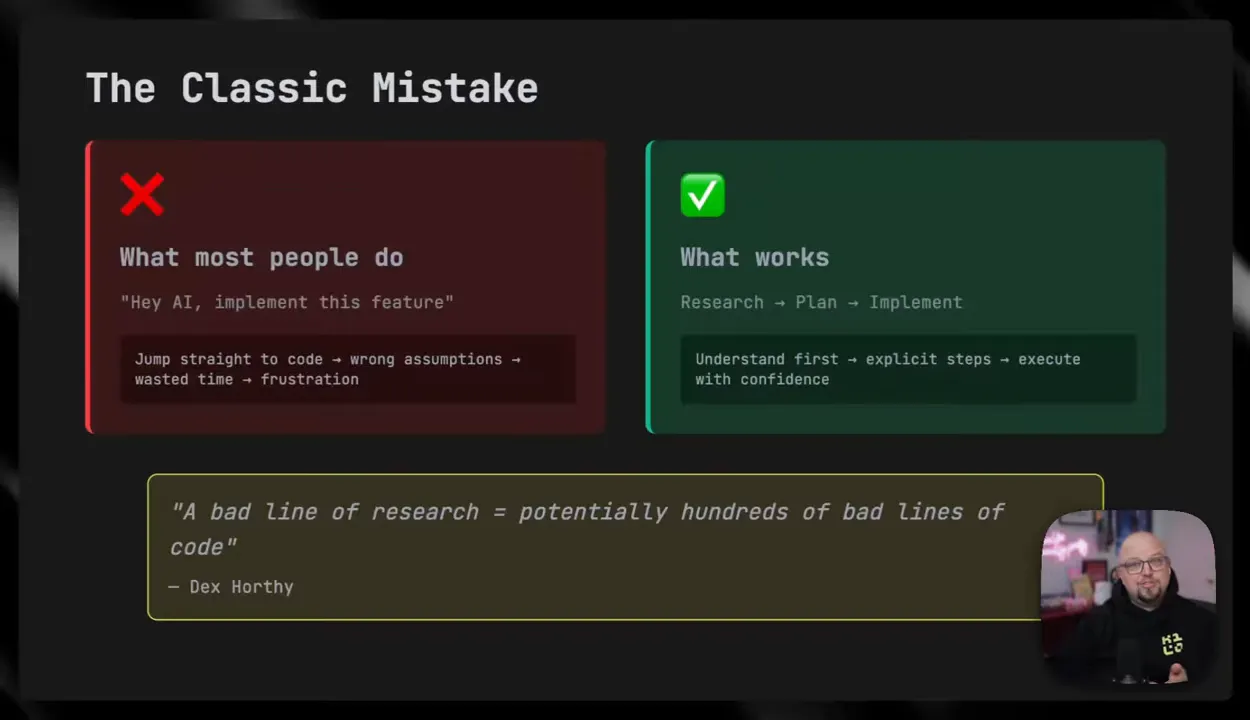 สไลด์เปรียบเทียบสิ่งที่คนส่วนใหญ่มักทำผิด: Jump straight to code กับแนวทางที่ได้ผล: Research → Plan → Implement