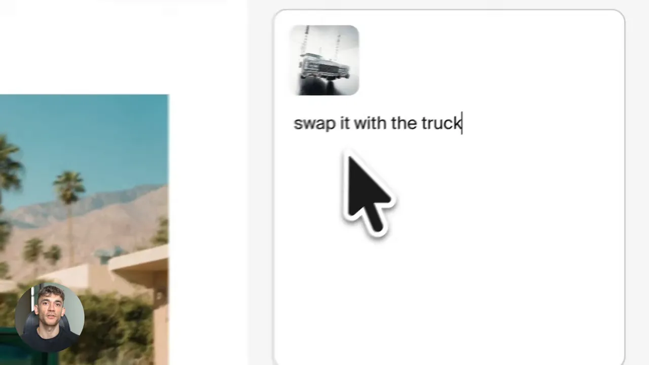 หน้าอินเทอร์เฟซแก้ภาพ แสดงกล่องข้อความที่พิมพ์ว่า 'swap it with the truck' พร้อมเคอร์เซอร์ชี้