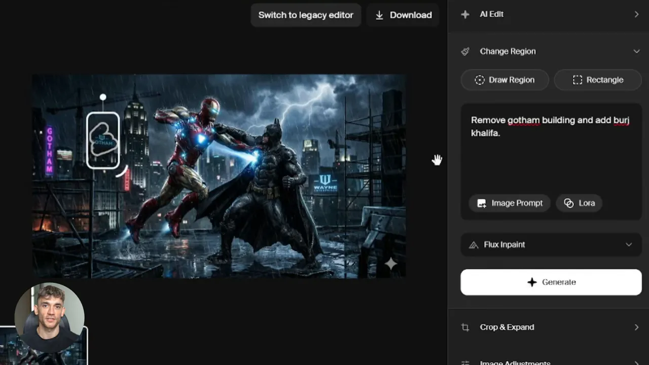อินเทอร์เฟซ Krea AI แสดงมาสก์บนภาพและช่อง prompt ที่มีข้อความสั่งให้ลบตึก Gotham และเพิ่ม Burj Khalifa พร้อมปุ่ม Generate