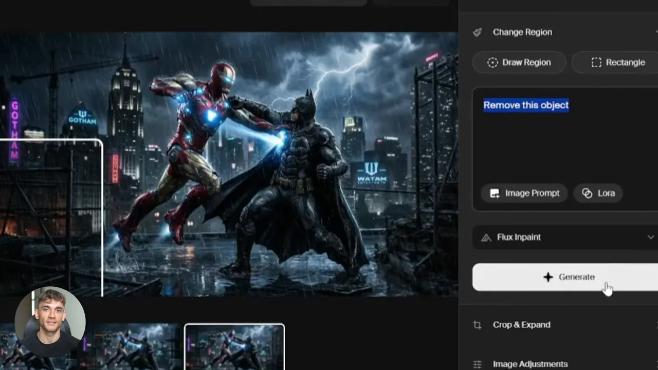 Krea Edit UI with 'Remove this object' highlighted and Generate button visible, showing object editing workflow