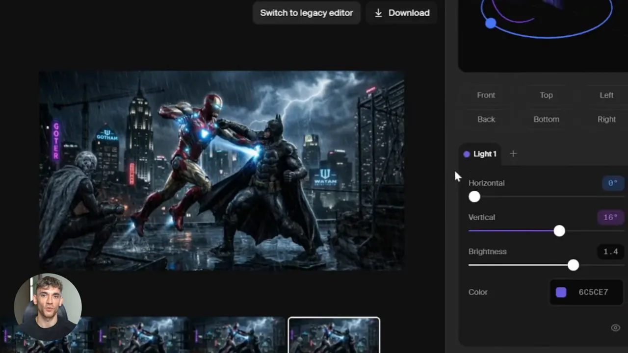 แผงปรับแสงใน Krea Edit แสดงสไลเดอร์ Horizontal, Vertical, Brightness และตัวเลือกสี