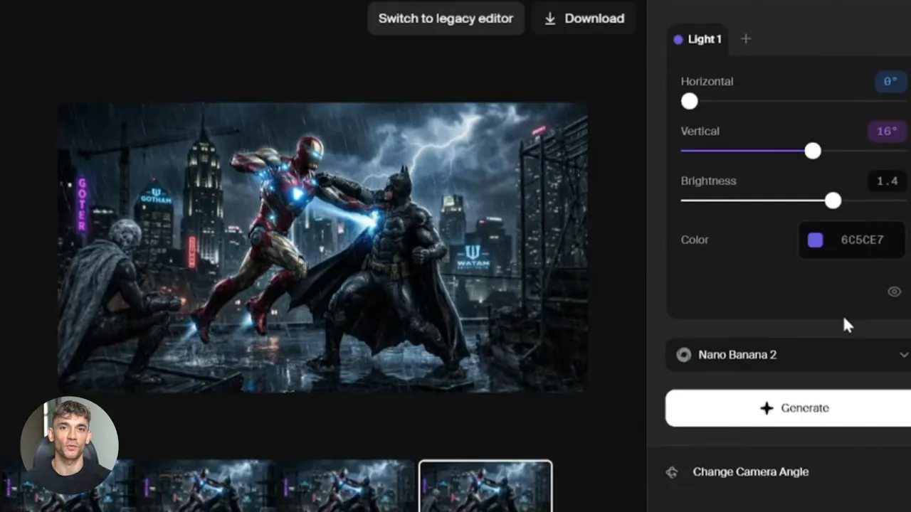Krea Edit UI แสดงแถบควบคุม Light (Horizontal, Vertical, Brightness) และปุ่ม Generate พร้อมภาพตัวอย่าง