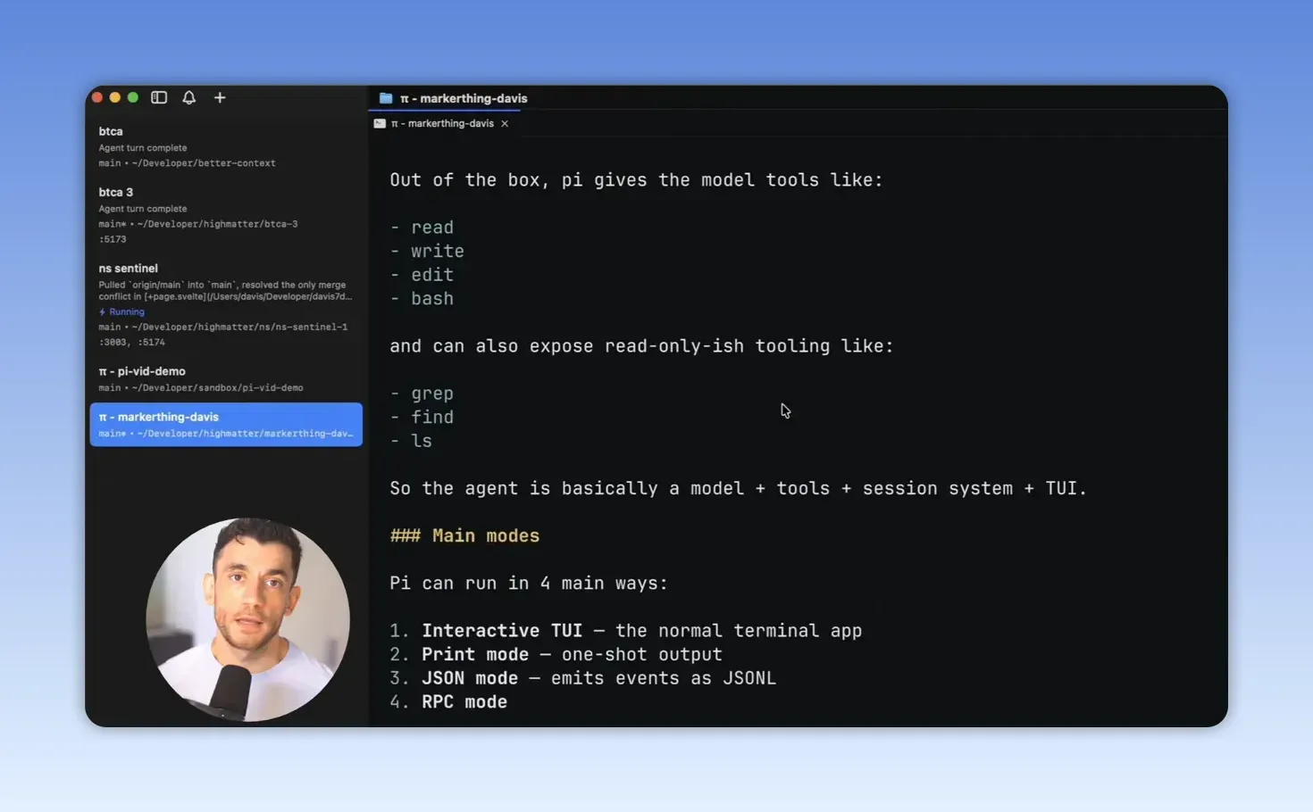 หน้าจอ README ของ Pi สรุปโมเดล tools เช่น read/write/edit และโหมดการทำงานหลักของ Pi