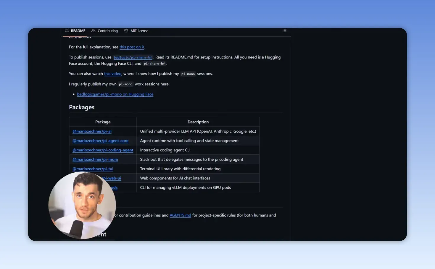 หน้า Pi README ส่วน packages แสดงรายการโมดูลและคำอธิบายสำหรับสร้าง coding agent