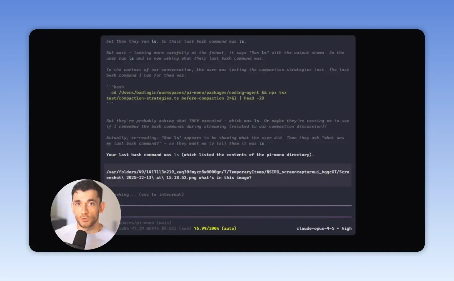 หน้าจอ Pi แสดงข้อความยืนยัน about last bash command และผลลัพธ์ในบริบทการสนทนา