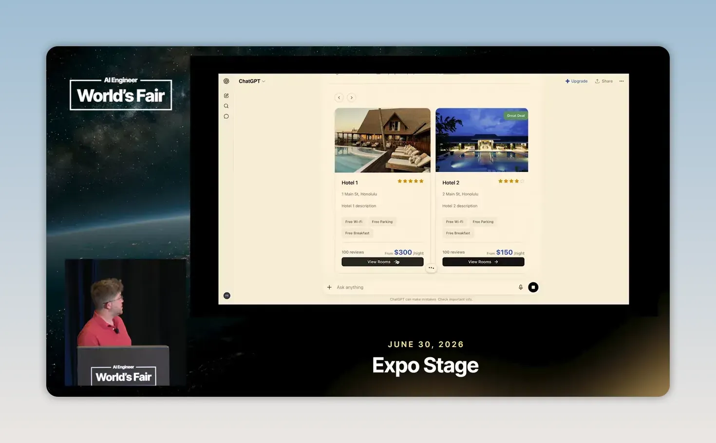 หน้าจอ ChatGPT ในเดโมแสดงการ์ด Hotel 1 และ Hotel 2 พร้อมภาพ รายละเอียด ราคาตัวอย่าง และปุ่ม View Rooms