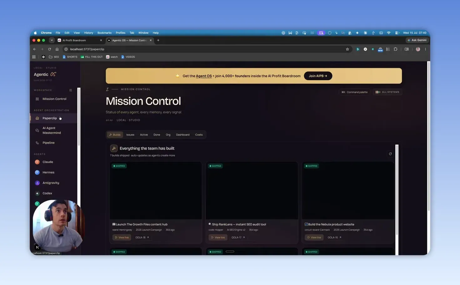 หน้าจอ Mission Control ของผู้สร้าง แสดงรายการ agent แถบสถานะ และการ์ดงานที่ติดป้าย SHIPPED