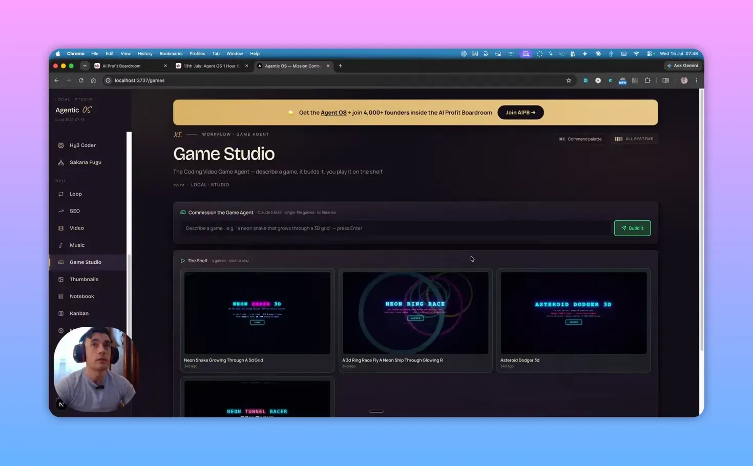 หน้าจอ Game Studio ของผู้สร้าง แสดงช่องโจทย์ ปุ่ม Build it และการ์ดเกมบน The Shelf