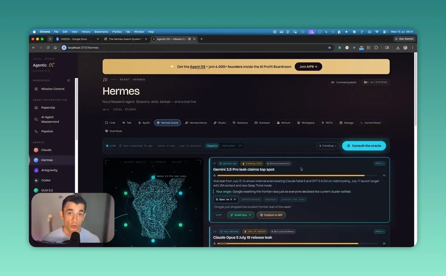 หน้า Hermes Oracle ของผู้สร้าง แสดงปุ่ม Consult the oracle แผนภาพข้อมูล และการ์ดข่าวที่ติดข้อความ leak