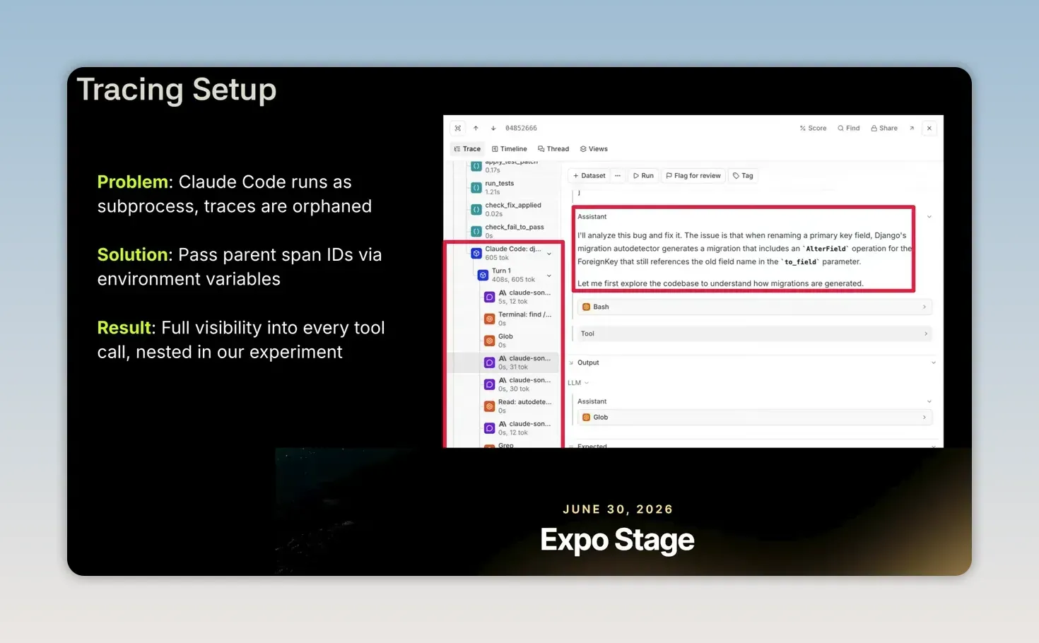 สไลด์ Tracing Setup อธิบายการเชื่อม trace ของ Claude Code subprocess พร้อมรายการงานย่อยใน Braintrust