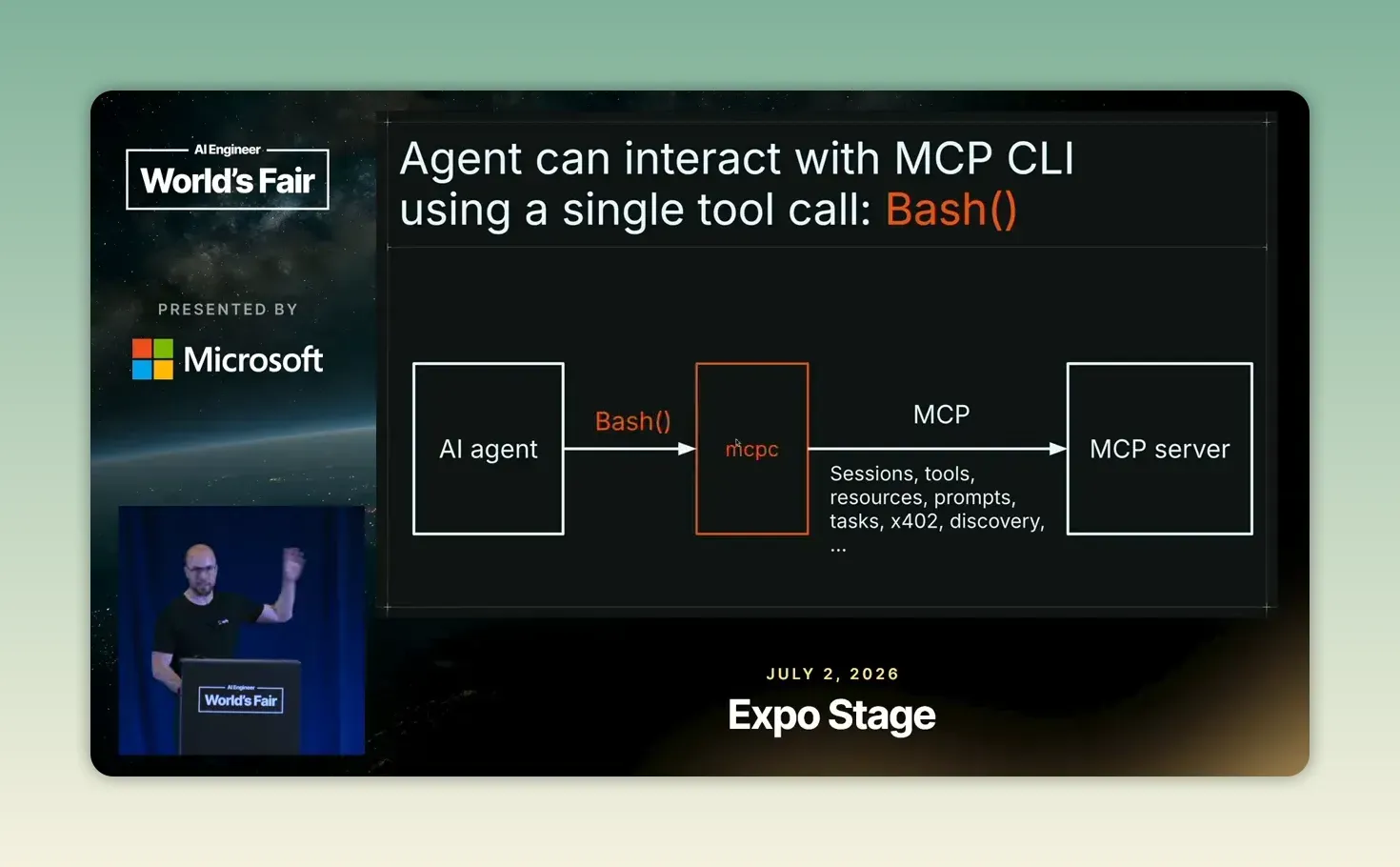 แผนภาพ AI agent เรียก mcpc ผ่าน Bash แล้วเชื่อมต่อ MCP server