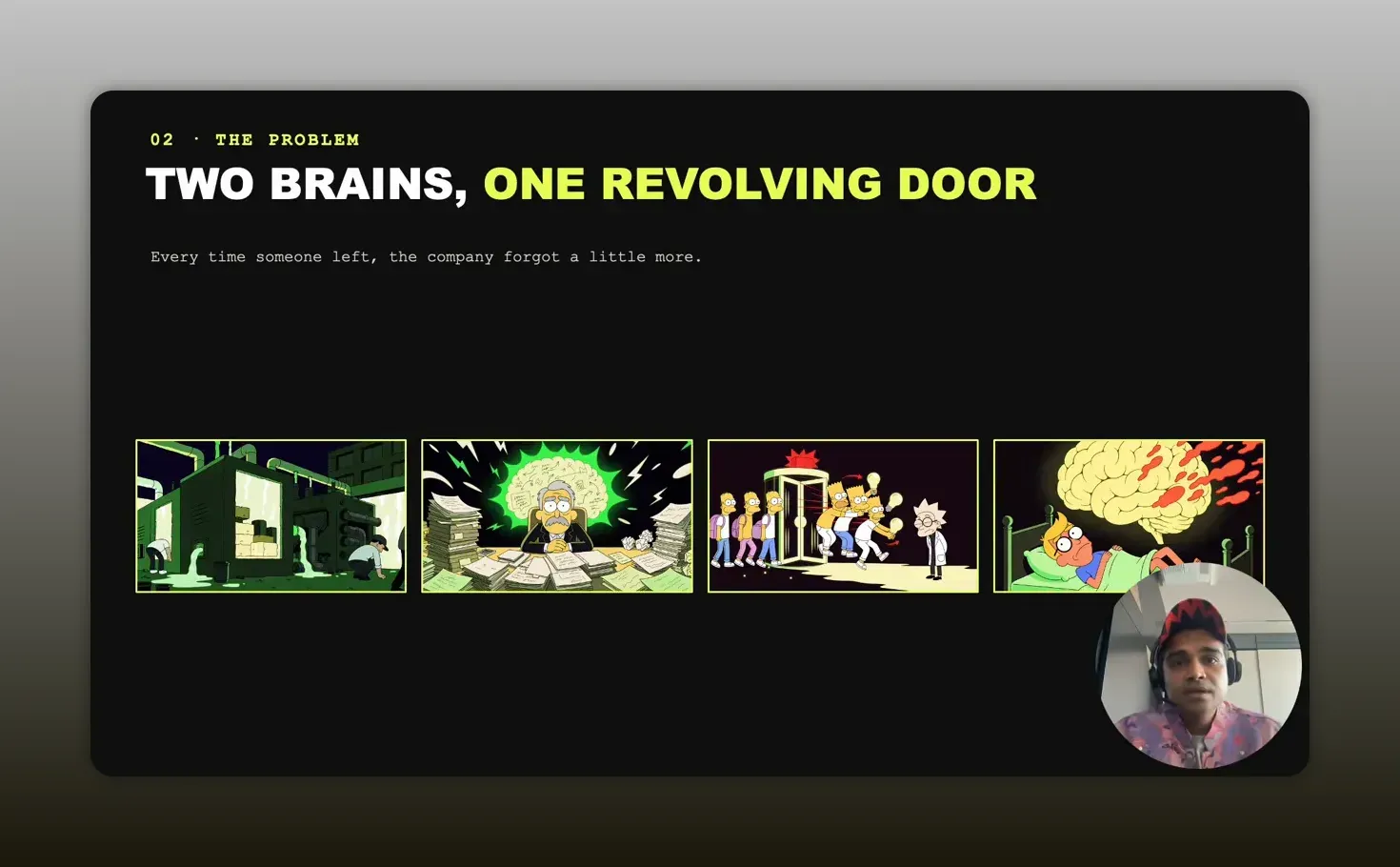 สไลด์ Two brains, one revolving door พร้อมภาพการ์ตูนโรงงาน เอกสาร พนักงานลาออก และความรู้ที่สูญหาย