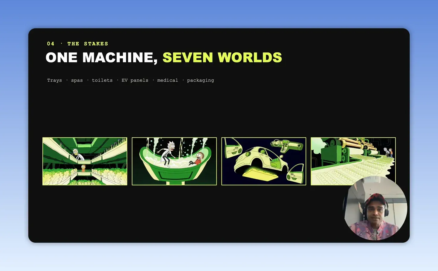สไลด์ One machine, seven worlds พร้อมภาพการ์ตูนถาด อ่างอาบน้ำ ชิ้นส่วนรถ และสายการผลิต