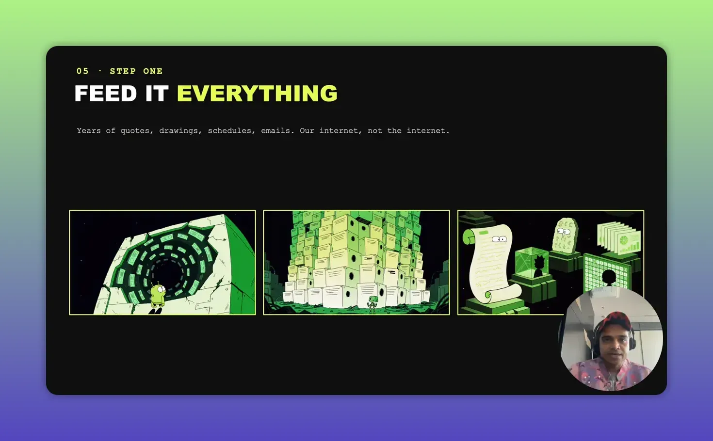 สไลด์ Feed it everything พร้อมภาพการ์ตูนอุโมงค์เอกสาร กองแฟ้ม และข้อมูลของบริษัท