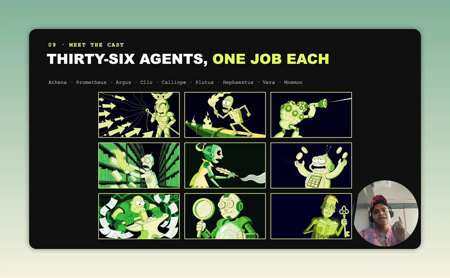 สไลด์ Thirty-six agents, one job each พร้อมชื่อ agent และภาพการ์ตูนบทบาทต่าง ๆ