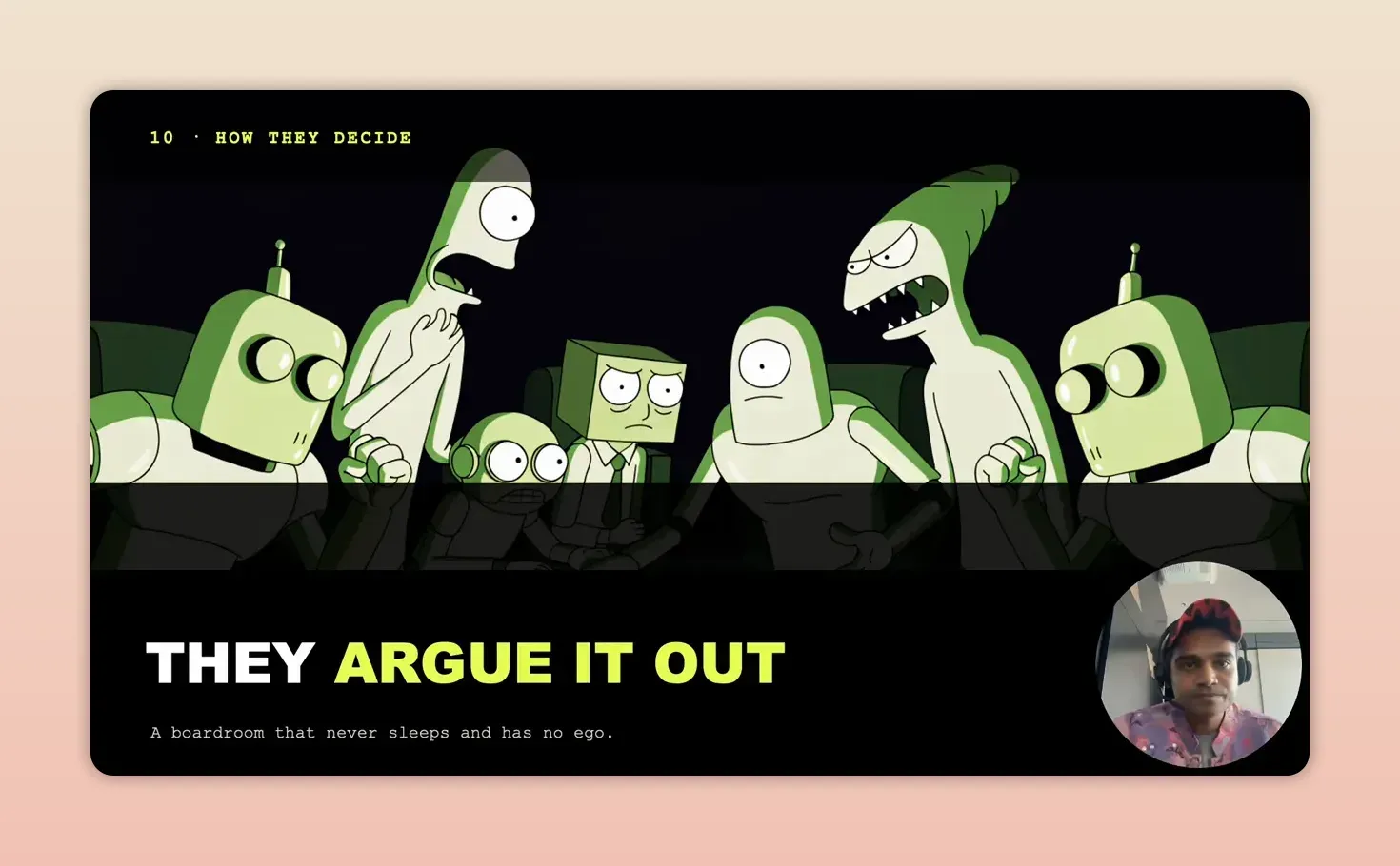 สไลด์ They argue it out พร้อมภาพตัวการ์ตูนหลายตัวแสดงท่าทางถกเถียงกัน