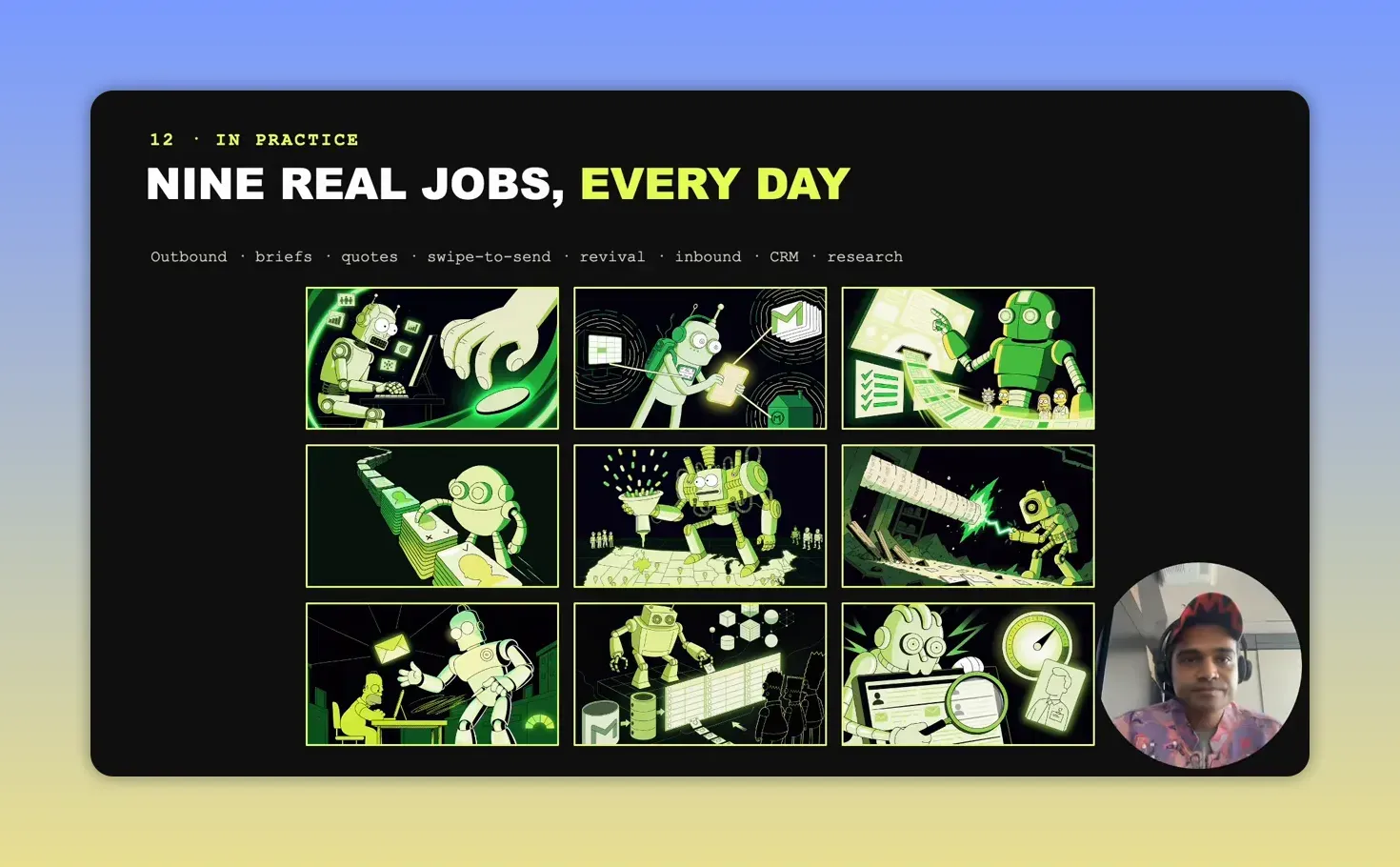 สไลด์ Nine real jobs, every day พร้อมภาพการ์ตูนงานติดต่อ ประเมินลูกค้า เอกสาร และข้อมูลธุรกิจ