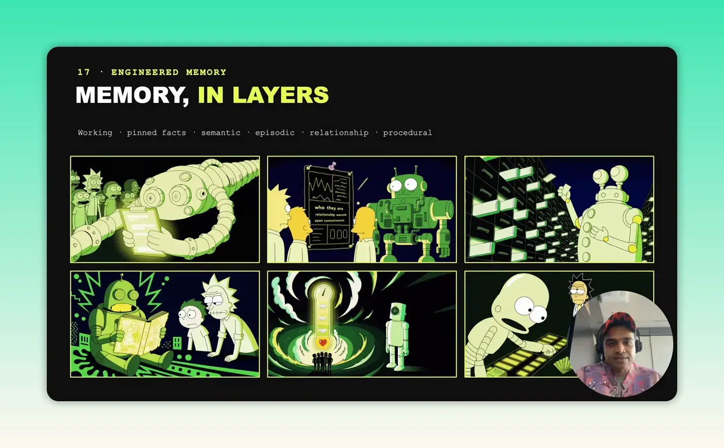 สไลด์ Memory, in layers ระบุความจำหกชนิด พร้อมภาพการ์ตูนโน้ต ความสัมพันธ์ ลิ้นชักข้อมูล และขั้นตอนงาน