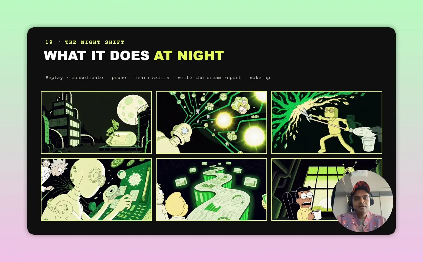 สไลด์ What it does at night พร้อมภาพการ์ตูนทบทวนความจำ ตัดข้อมูลเก่า สร้างทักษะ และรายงานเช้า