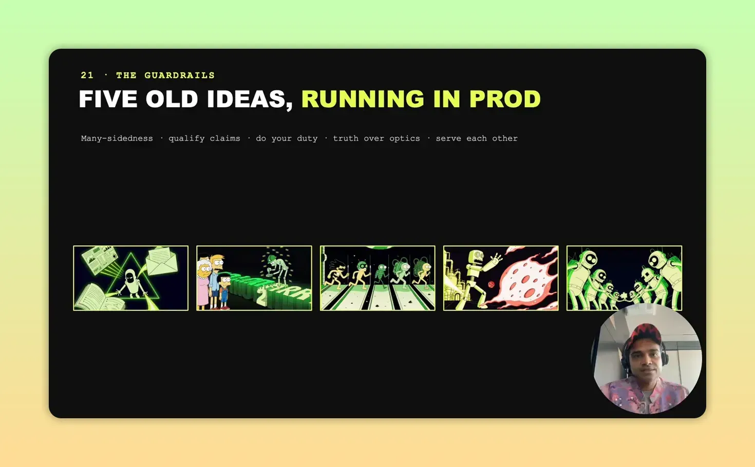 สไลด์ Five old ideas, running in prod พร้อมหลักคิดห้าข้อและภาพการ์ตูนประกอบ
