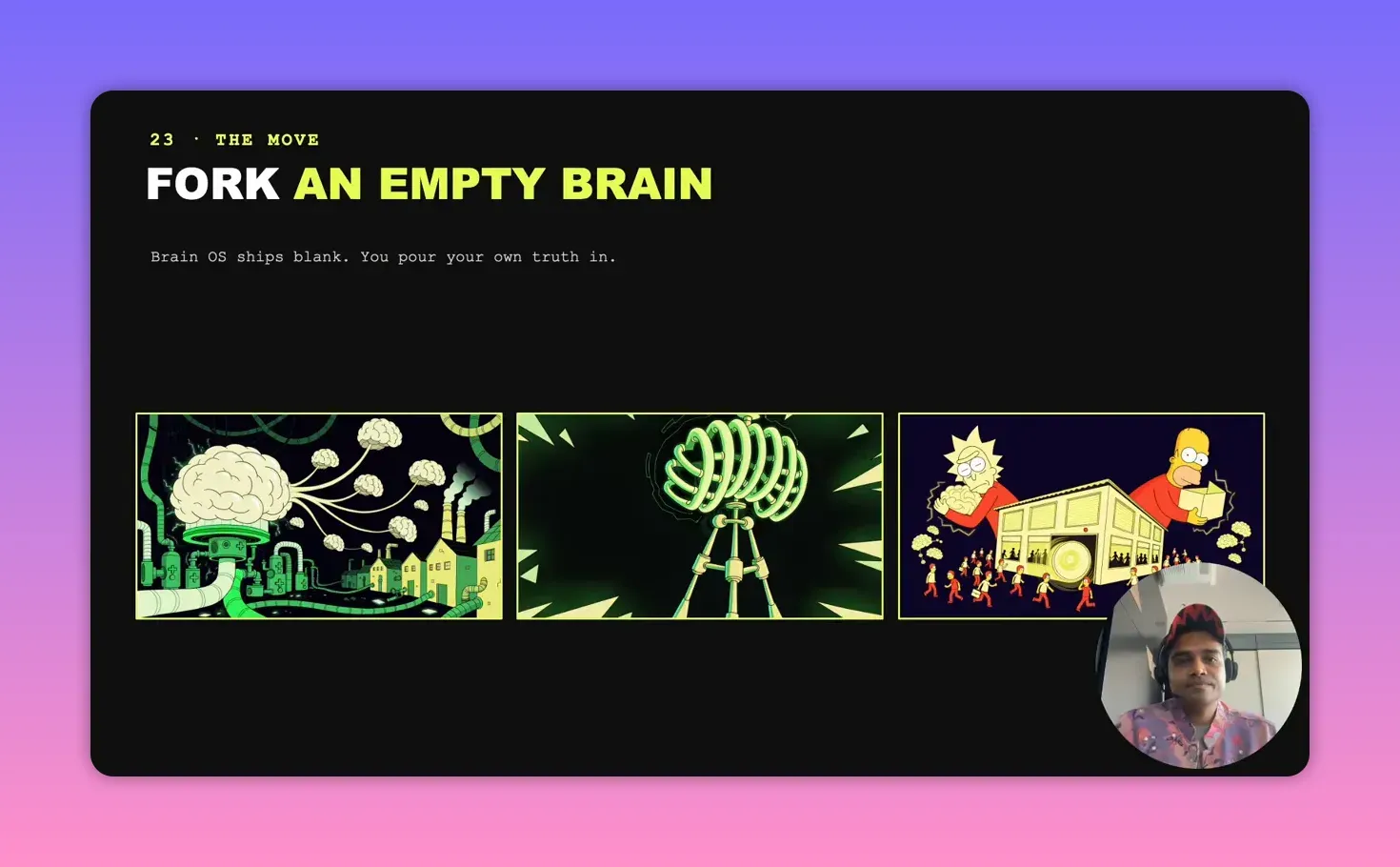 สไลด์ Fork an empty brain พร้อมภาพการ์ตูนสมองเชื่อมโรงงาน โครงว่าง และคนเติมข้อมูล