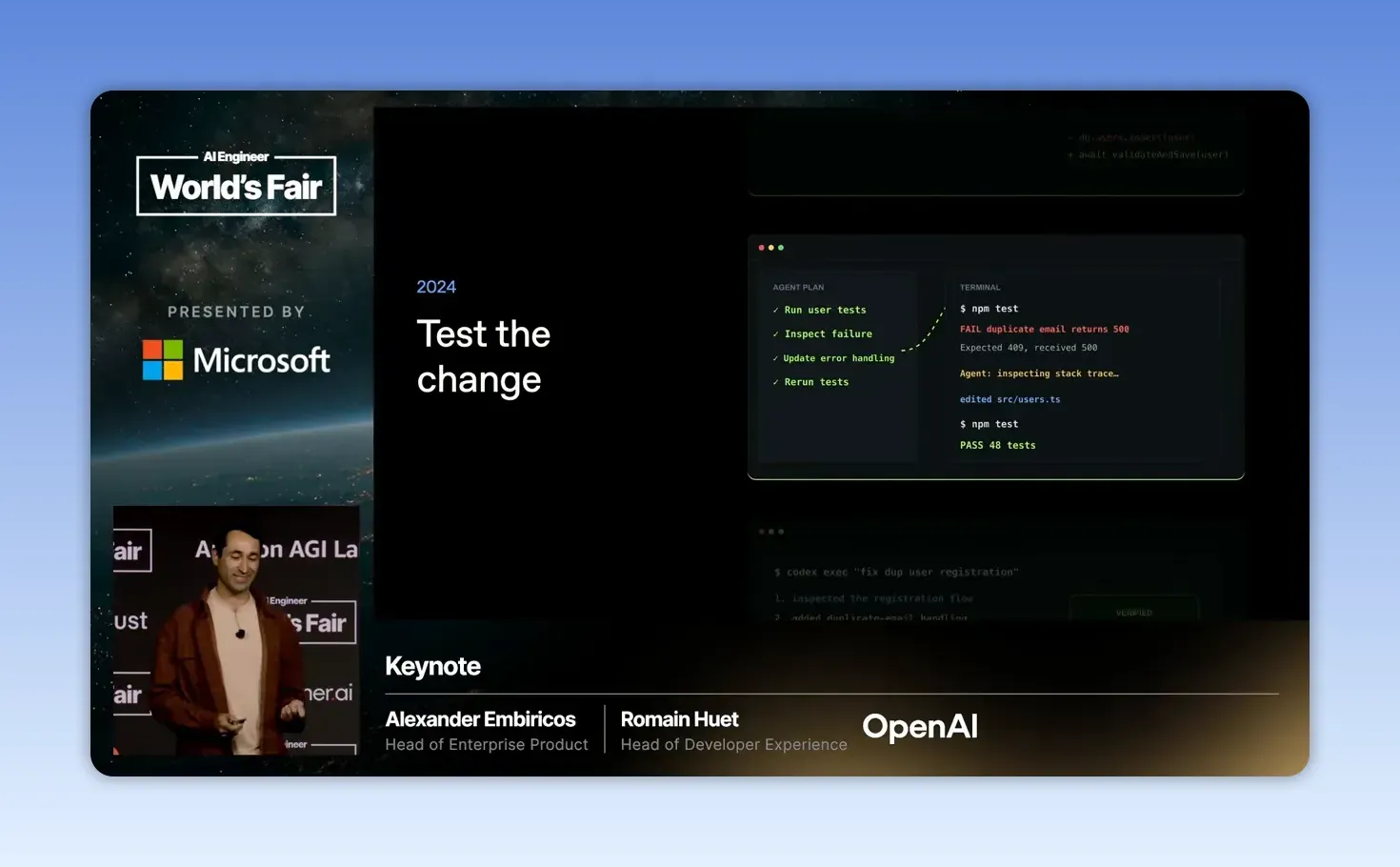 สไลด์ Test the change แสดงตัวอย่าง agent ตรวจ test ที่ล้ม แก้ error handling แล้วรัน test ใหม่