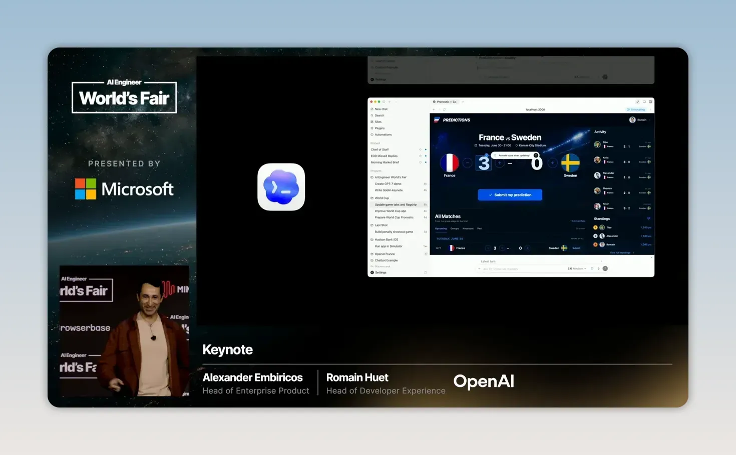 สไลด์ Codex app แสดงเว็บเดโมทายผลฟุตบอล France กับ Sweden และรายการงานใน sidebar