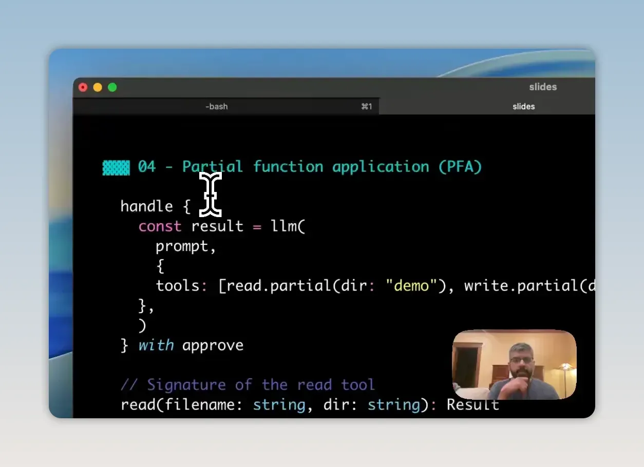 สไลด์ Partial function application แสดง read.partial ที่กำหนดโฟลเดอร์ demo และเครื่องมือ write.partial