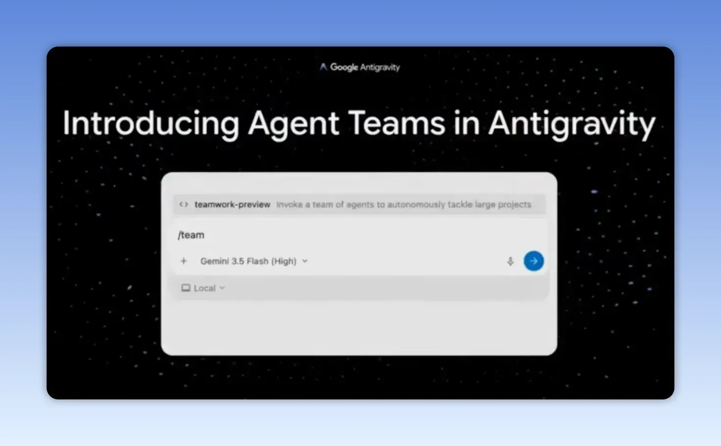 สไลด์ Agent Teams ในคลิป แสดงช่องคำสั่ง /team และป้าย Gemini 3.5 Flash (High)